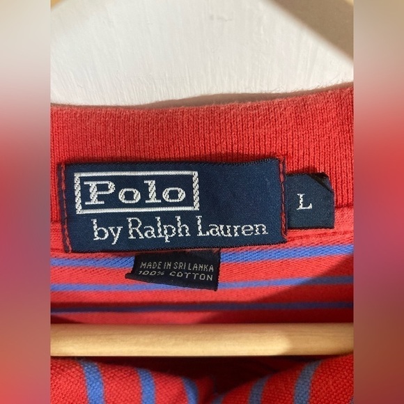 Polo by Ralph Lauren 100% Cotton Large red blue striped polo shirt short sleeve - Picture 2 of 6